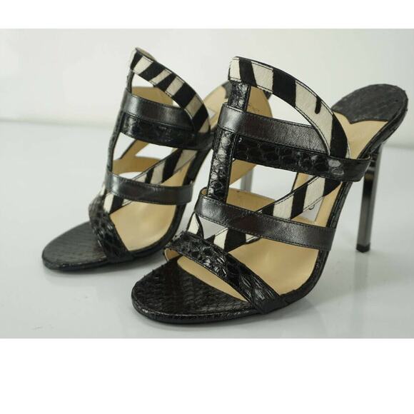 Jimmy Choo Black Multi Leather Vanisa Strappy Slide Sandals Size 37 Heel Mule - Picture 5 of 13